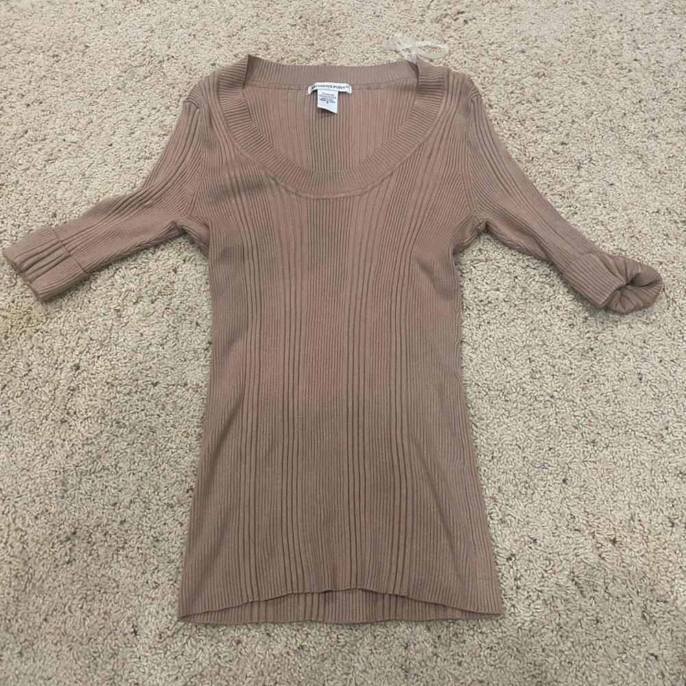 Reference Point Ribbed Knit Top Size S Taupe Scoop Neck 3/4 Sleeve Stretch